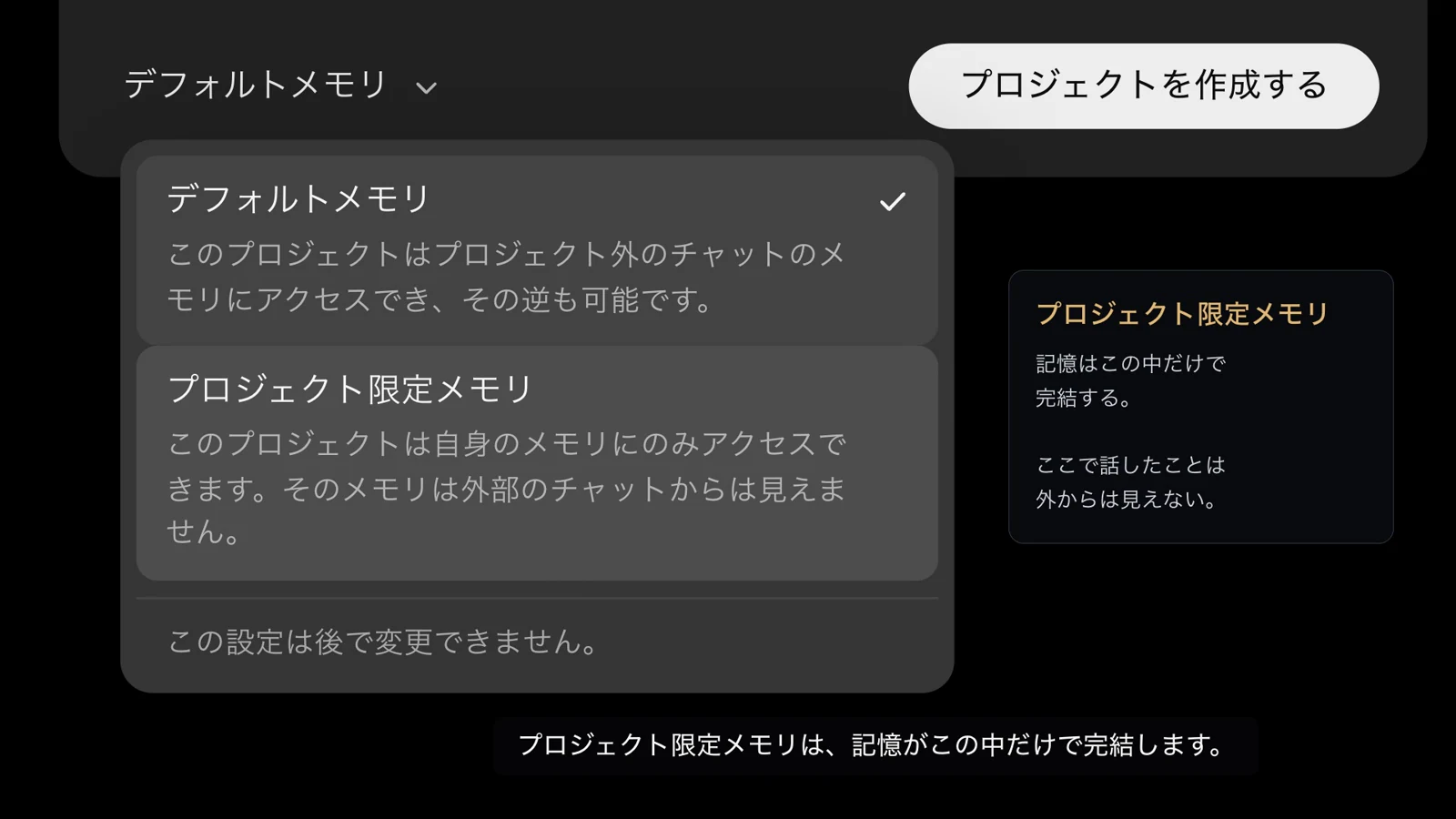 プロジェクト限定メモリを選んだときの説明